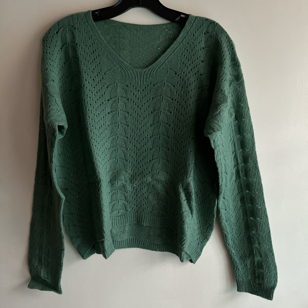 Pointelle long sleeve v-neck sweater